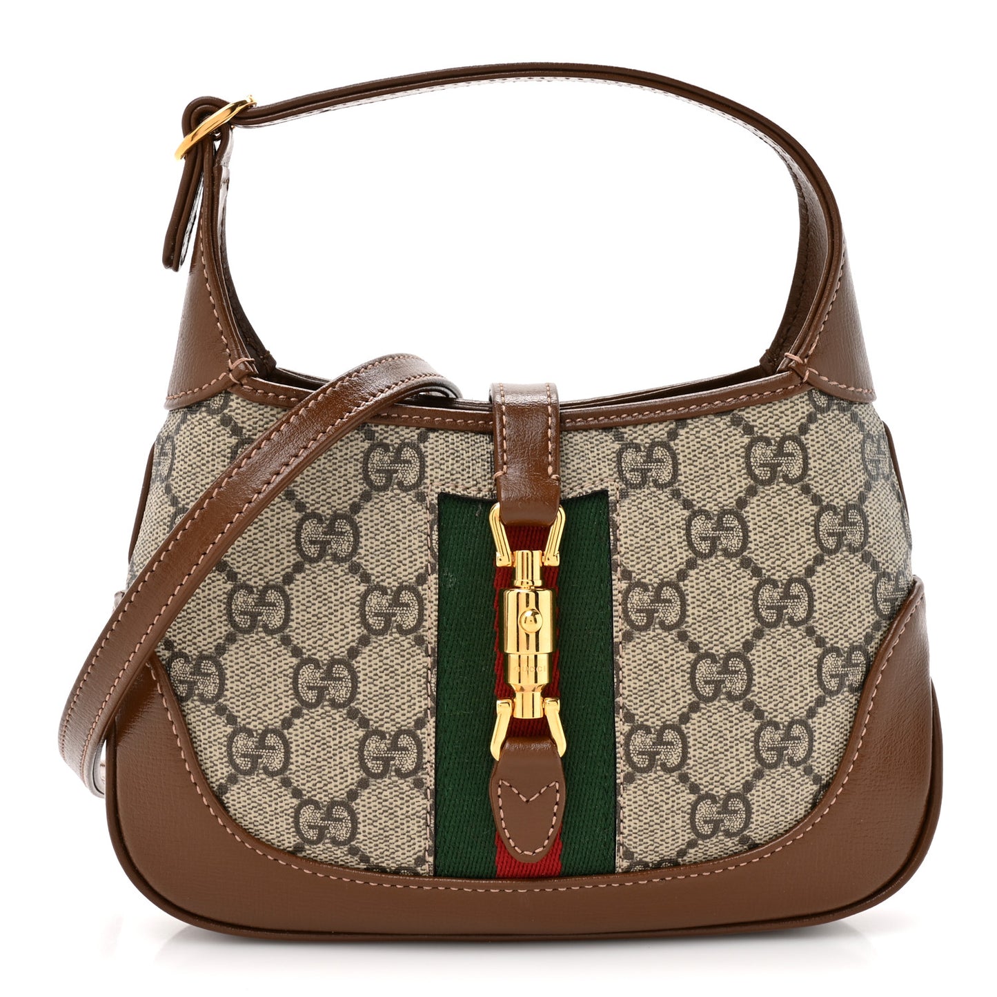 GG Supreme Monogram Azalea Calfskin Web Mini Jackie 1961 Hobo Beige Ebony Brown Sugar