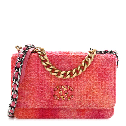 Chanel Wool Tweed Lambskin Quilted Chanel 19 Wallet On Chain WOC Coral Pink 1 of 11