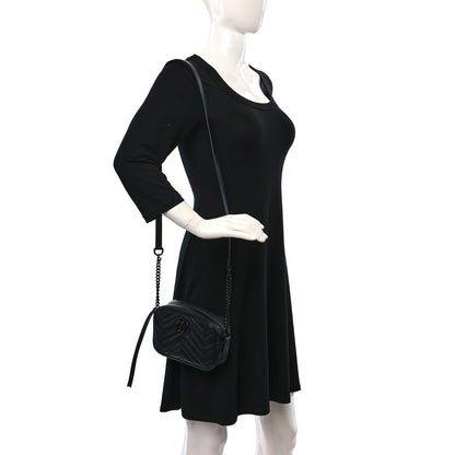 Gucci Calfskin Matelasse Monochrome Mini GG Marmont Chain Shoulder Bag Black 2 of 9