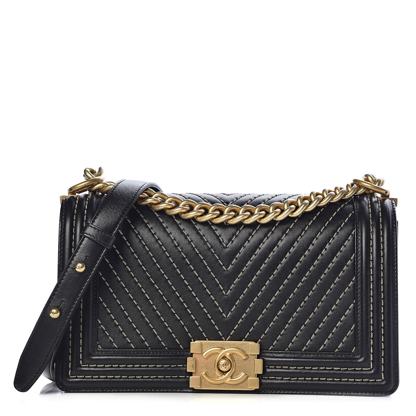 Calfskin Chevron Quilted Contrast Stitch Medium Boy Flap Black