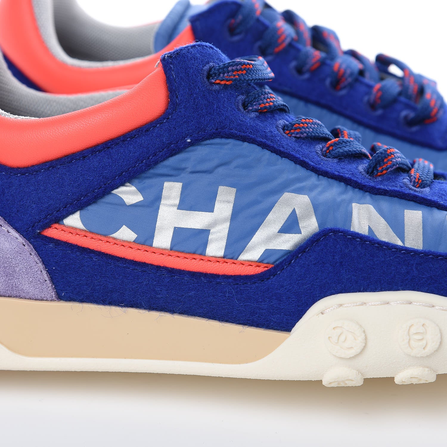 Chanel Wool Nylon Lambskin Suede Calfskin Womens Logo Sneakers 38 Blue Coral 8 of 9