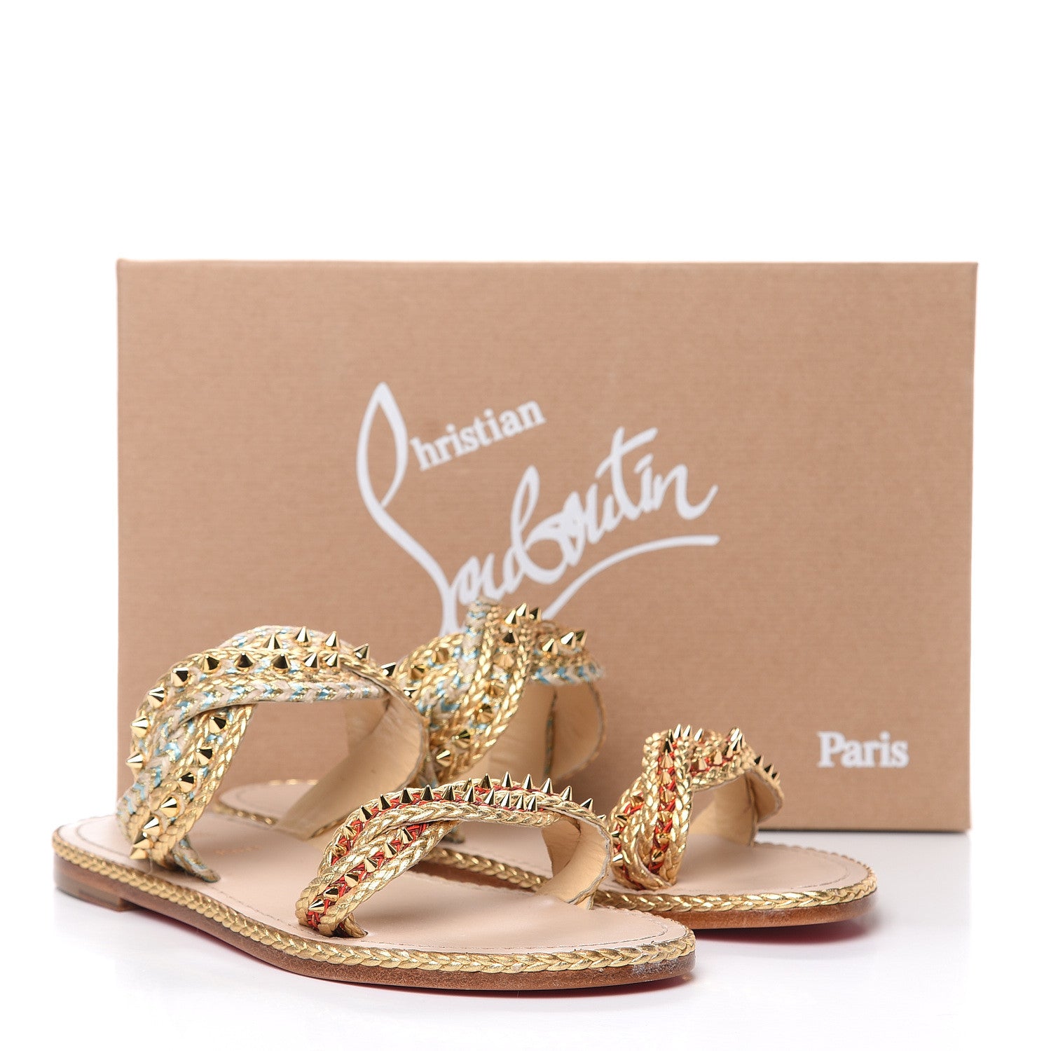 Christian Louboutin Calfskin Braided Normandie Flat Slide Sandals 38 Gold 9 of 9