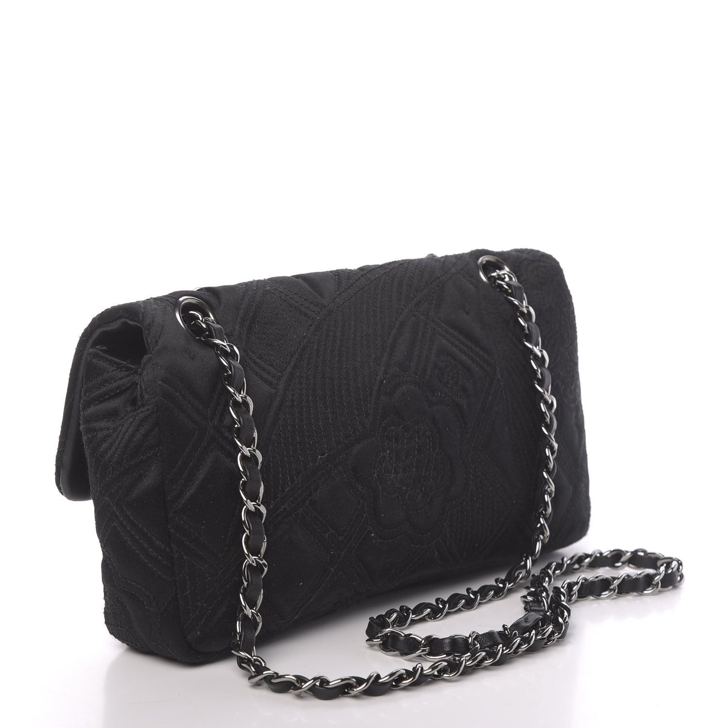 Satin Embroidered Medium Camellia Flap Black