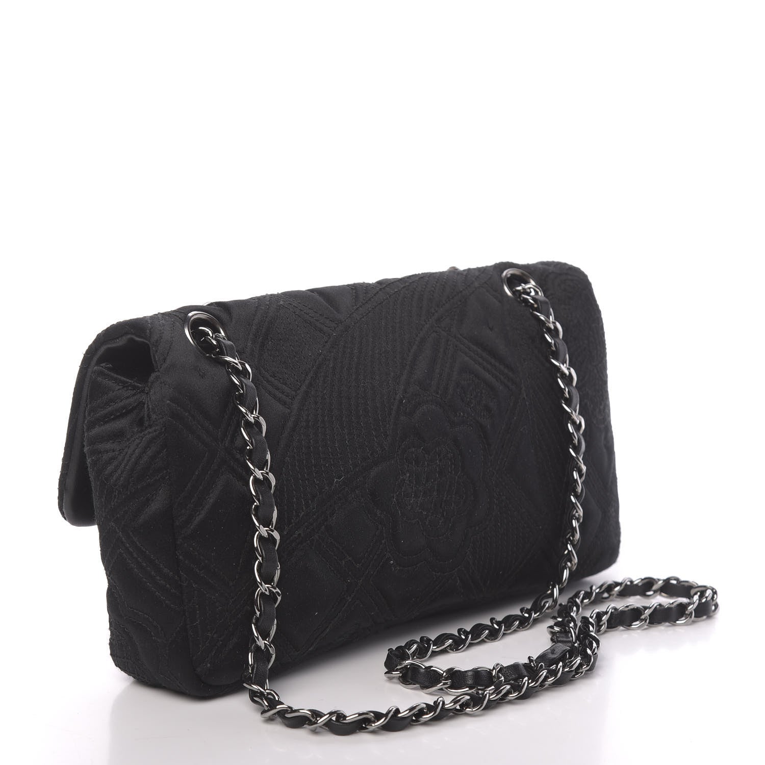 Chanel Satin Embroidered Medium Camellia Flap Black 3 of 13