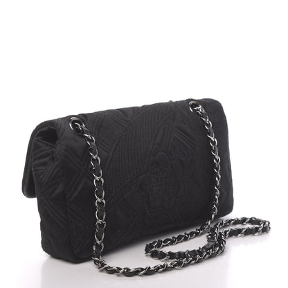 Chanel Satin Embroidered Medium Camellia Flap Black 3 of 13