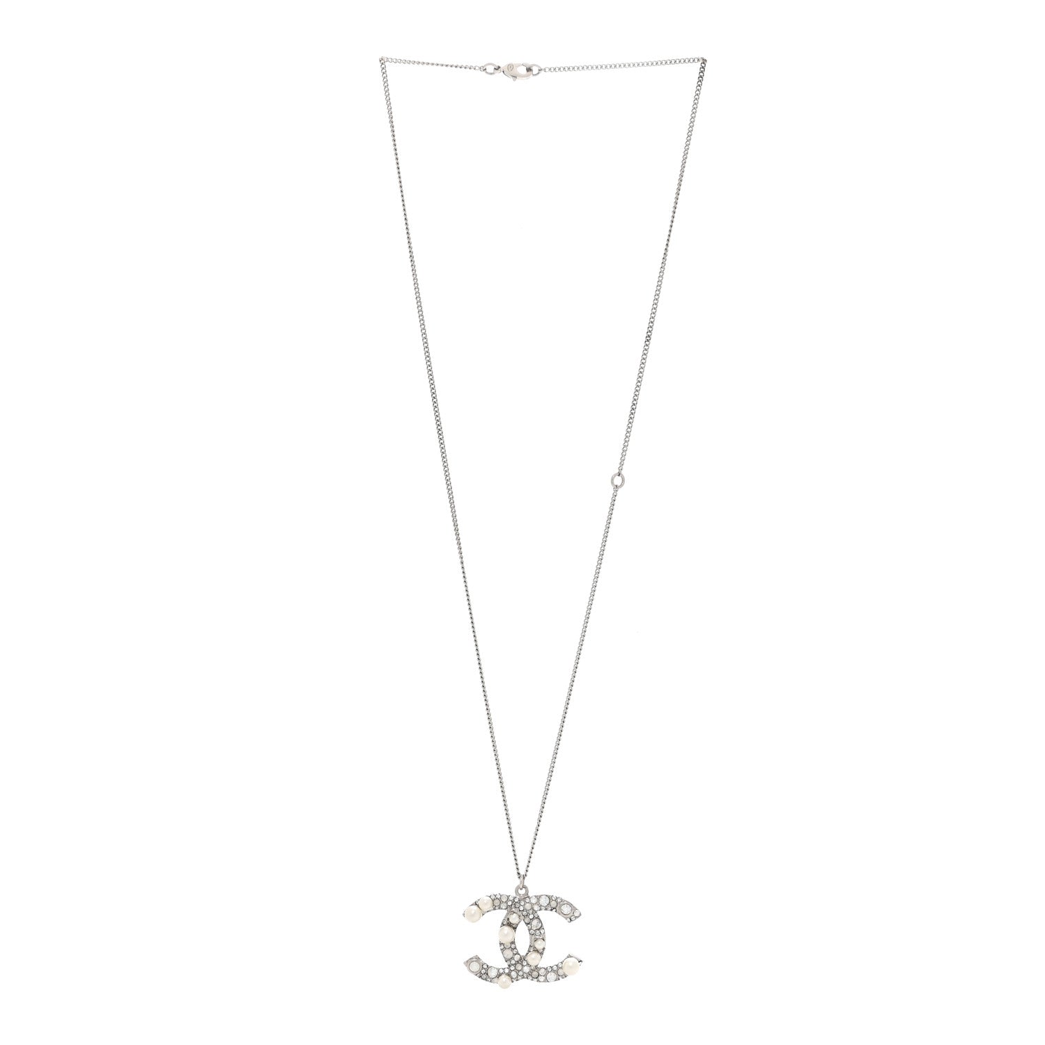 Chanel Crystal Pearl CC Pendant Necklace Silver 3 of 4