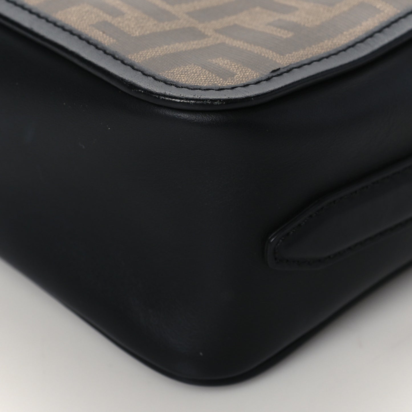 Glazed Fabric Vitello Century F is Fendi FF 1974 Stamp Patch Camera Case Mogano Panna Black