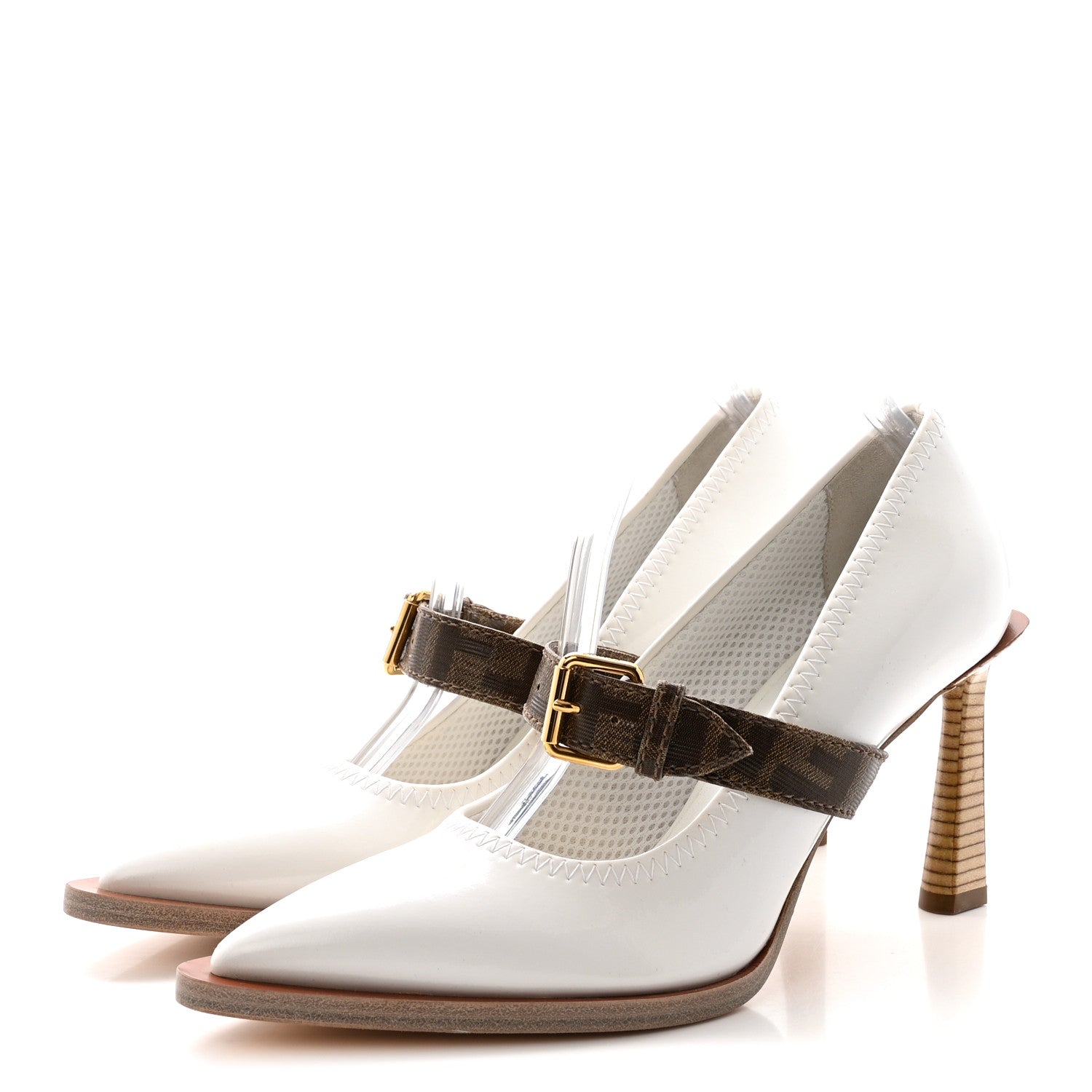 Fendi Glossy Neoprene Glazed Fabric FF FFrame Court Mary Jane Pumps 38 White Tobacco Moro 4 of 8