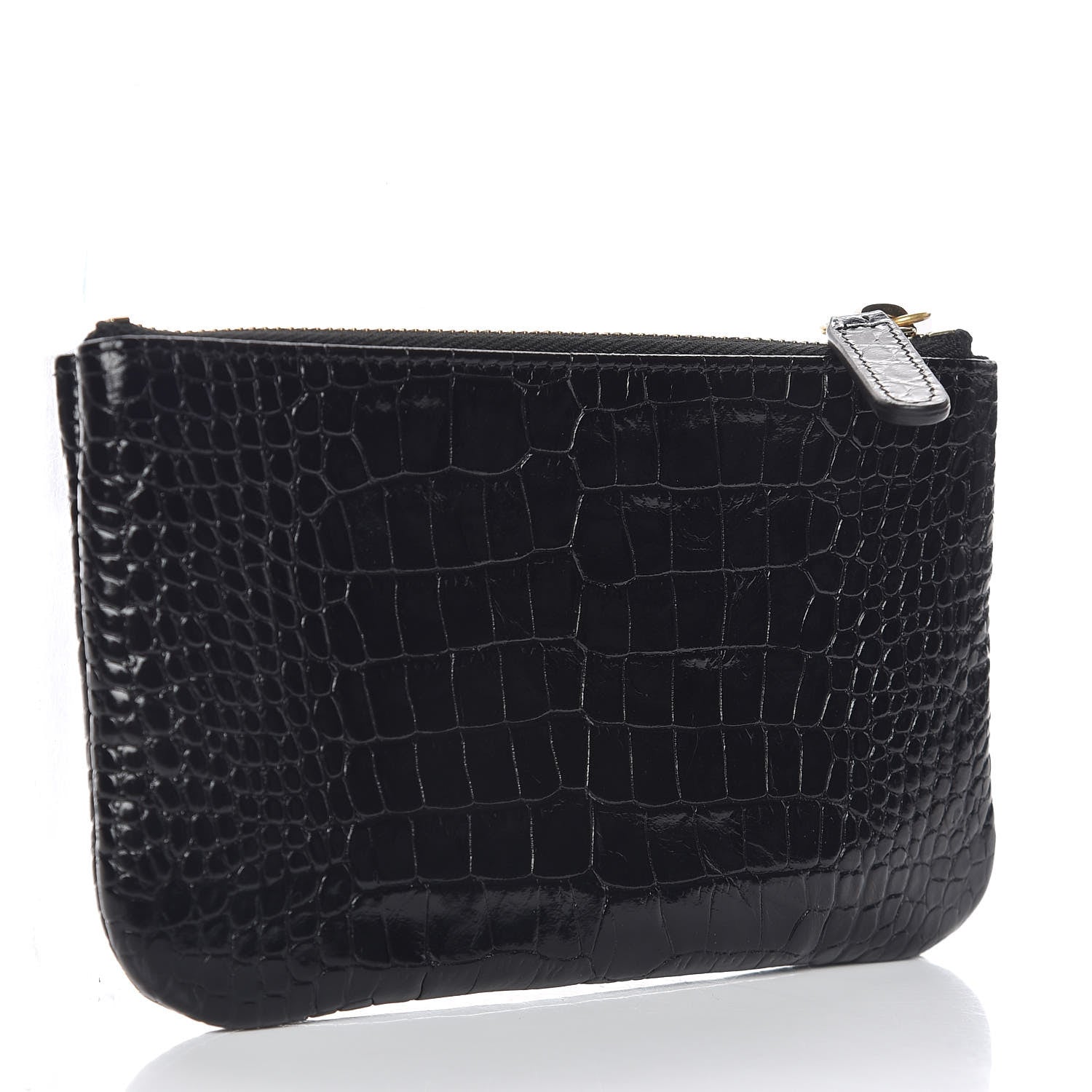 Chanel Calfskin Crocodile Embossed Cocodile Cosmetic Case Black Gold 3 of 10