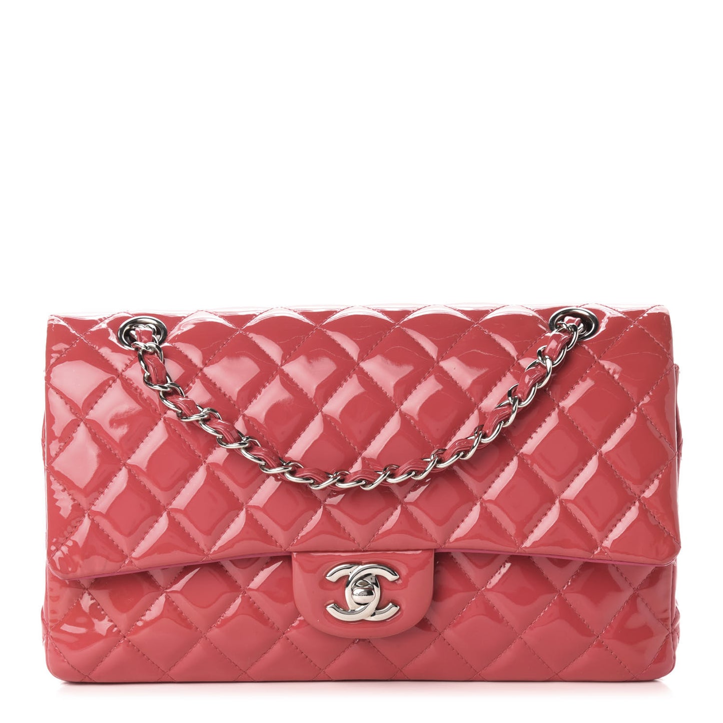 Patent Quilted Medium Double Flap Fuchsia