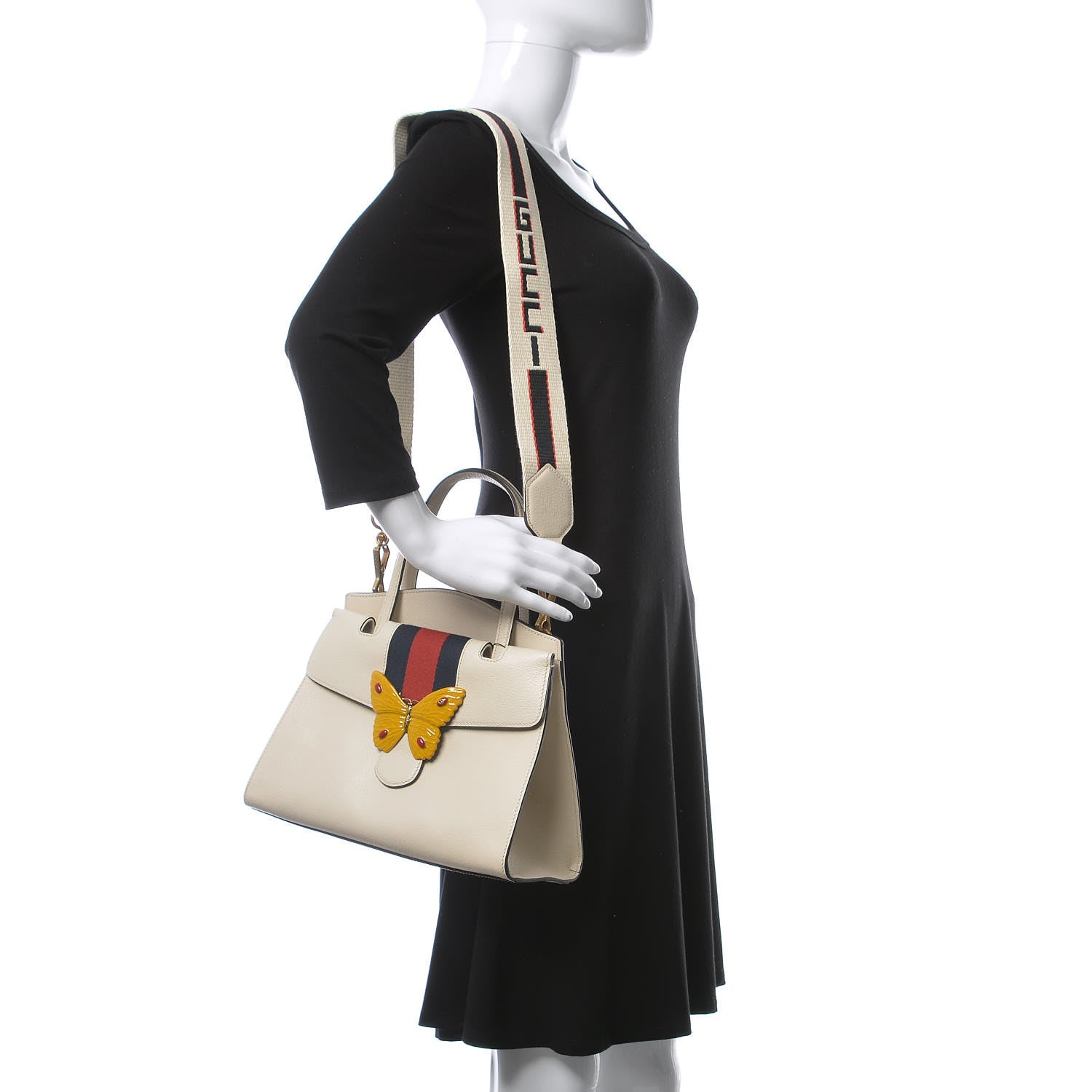 Gucci Grained Calfskin Web Stripe Butterfly Medium Totem Top Handle Bag White 2 of 10