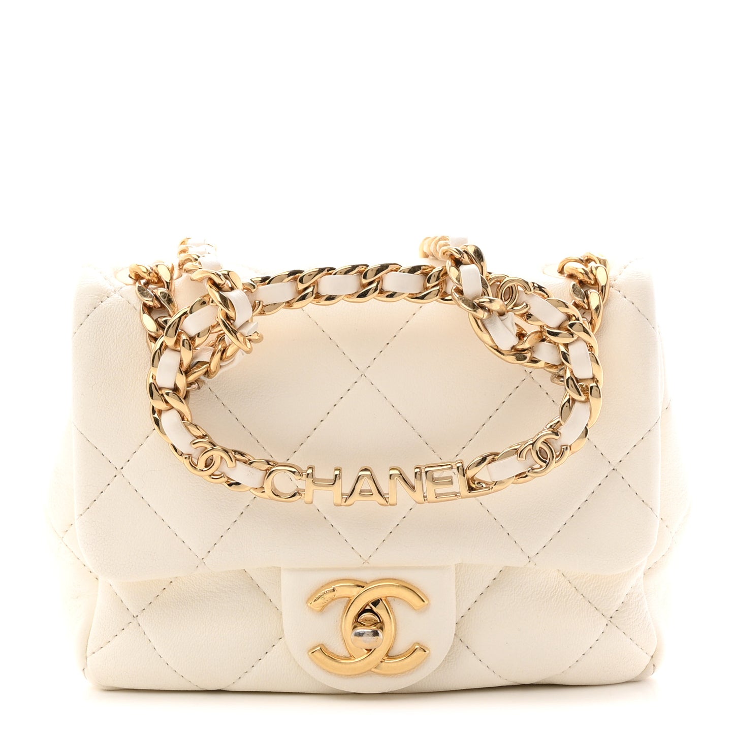 Lambskin Metal Quilted Mini Top Handle Square Flap White
