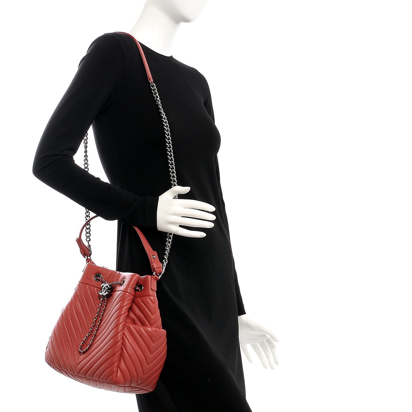 Deerskin Chevron Medium Chain Bucket Bag Coral