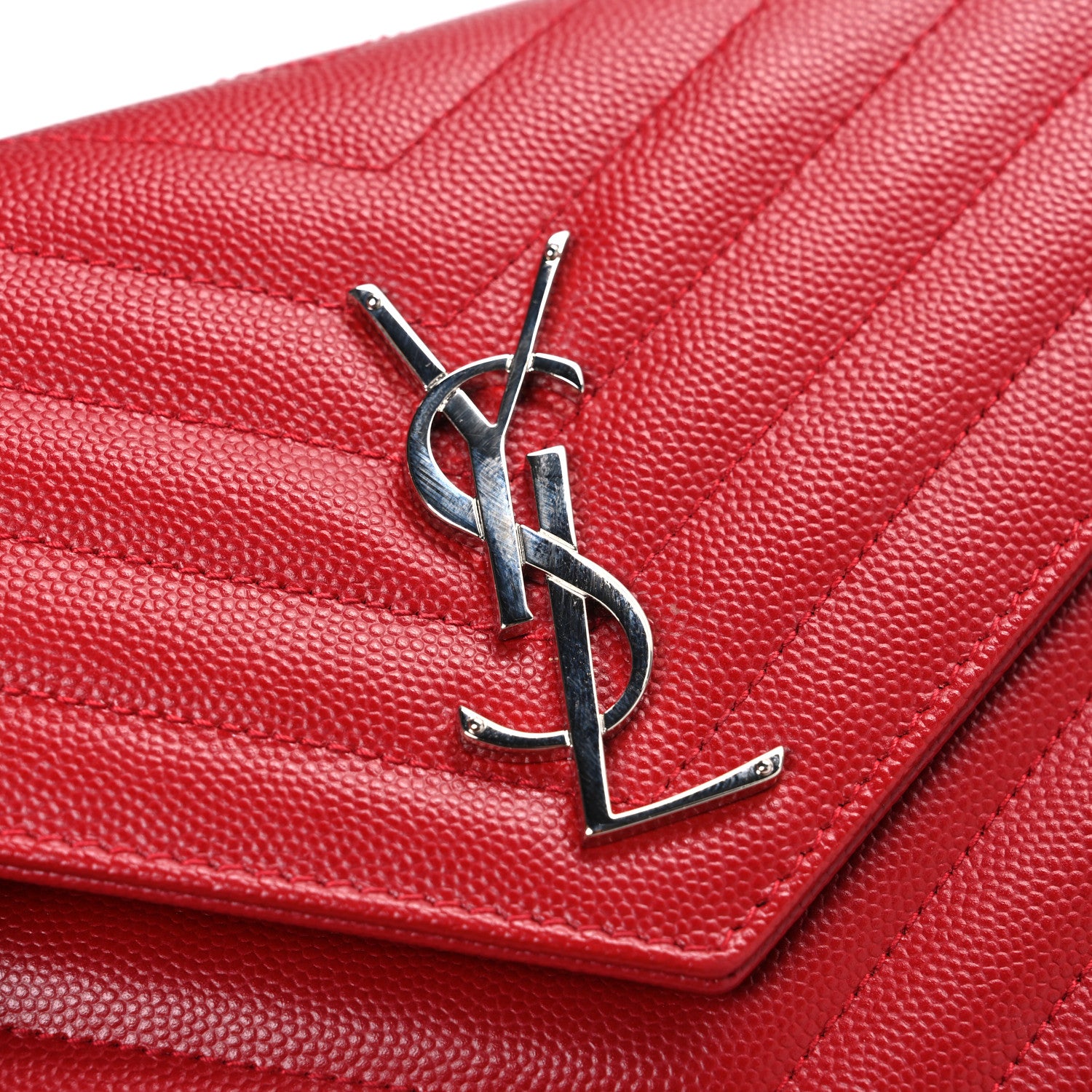 Saint Laurent Grain De Poudre Matelasse Chevron Monogram Chain Wallet Red 10 of 11