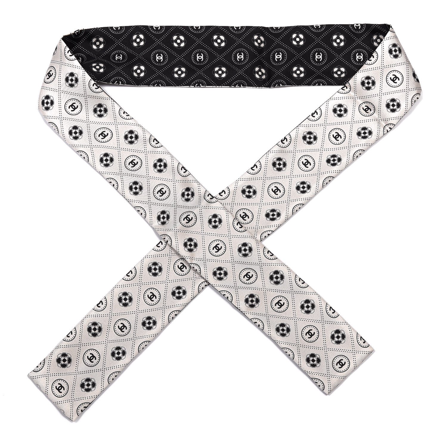 Chanel Silk CC Polka Dot Slim Bandeau Scarf Black Ecru 1 of 4