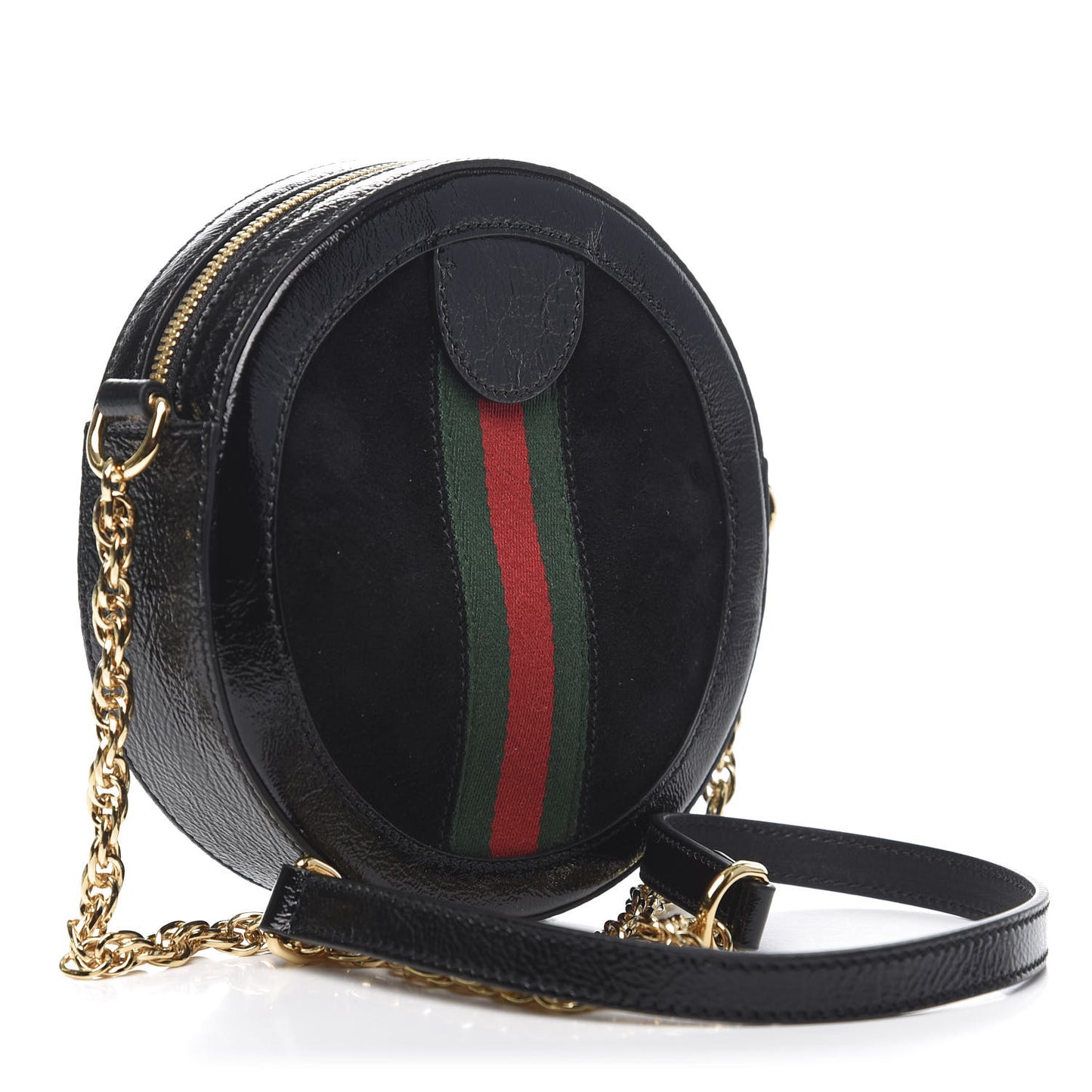 Suede Patent Web Mini Ophidia Round Shoulder Bag Black