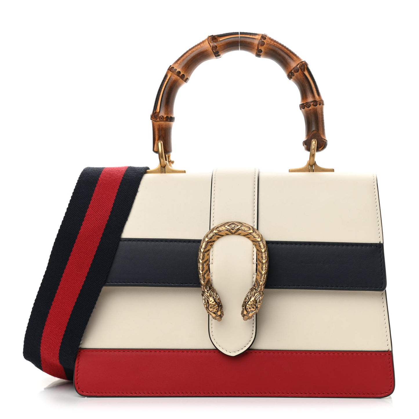 Calfskin Bamboo Web Medium Dionysus Top Handle Bag White Blue Hibiscus Red