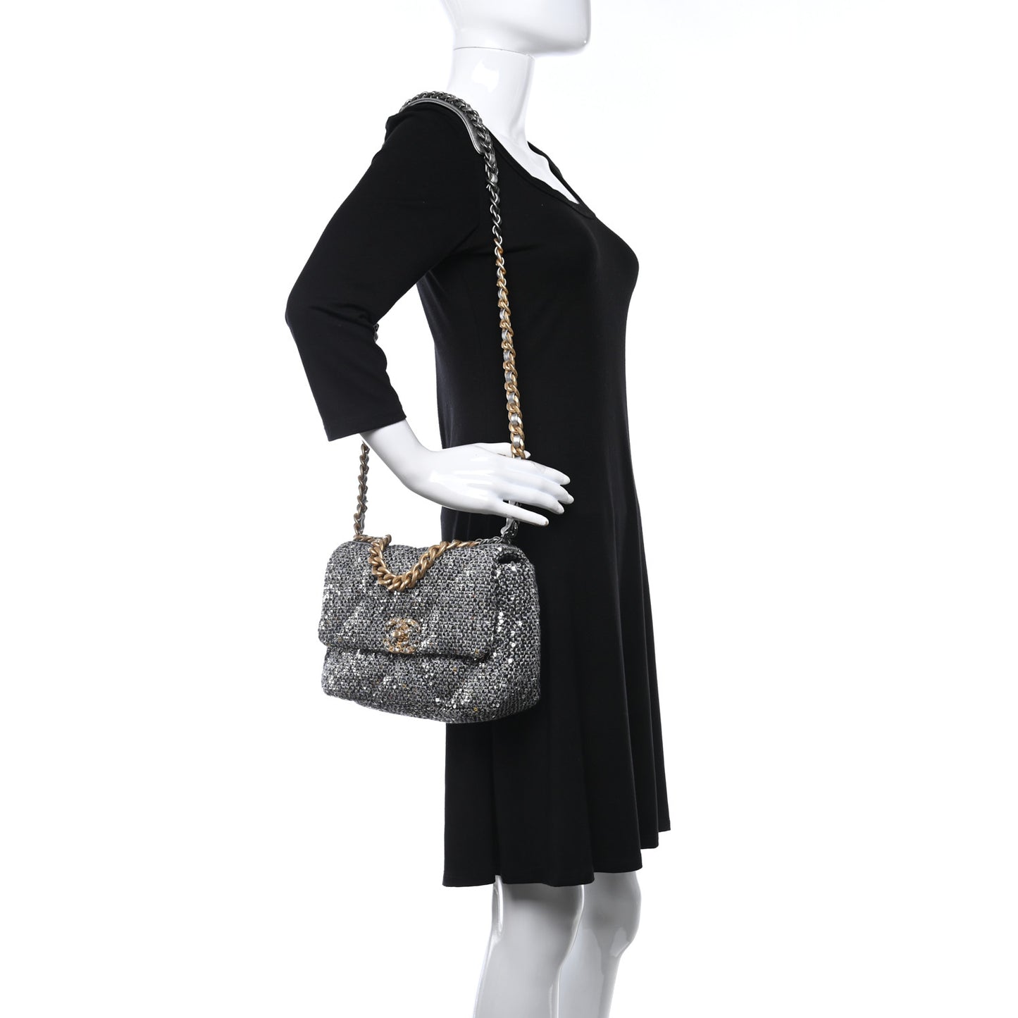 Sequin Quilted Medium Chanel 19 Flap Silver