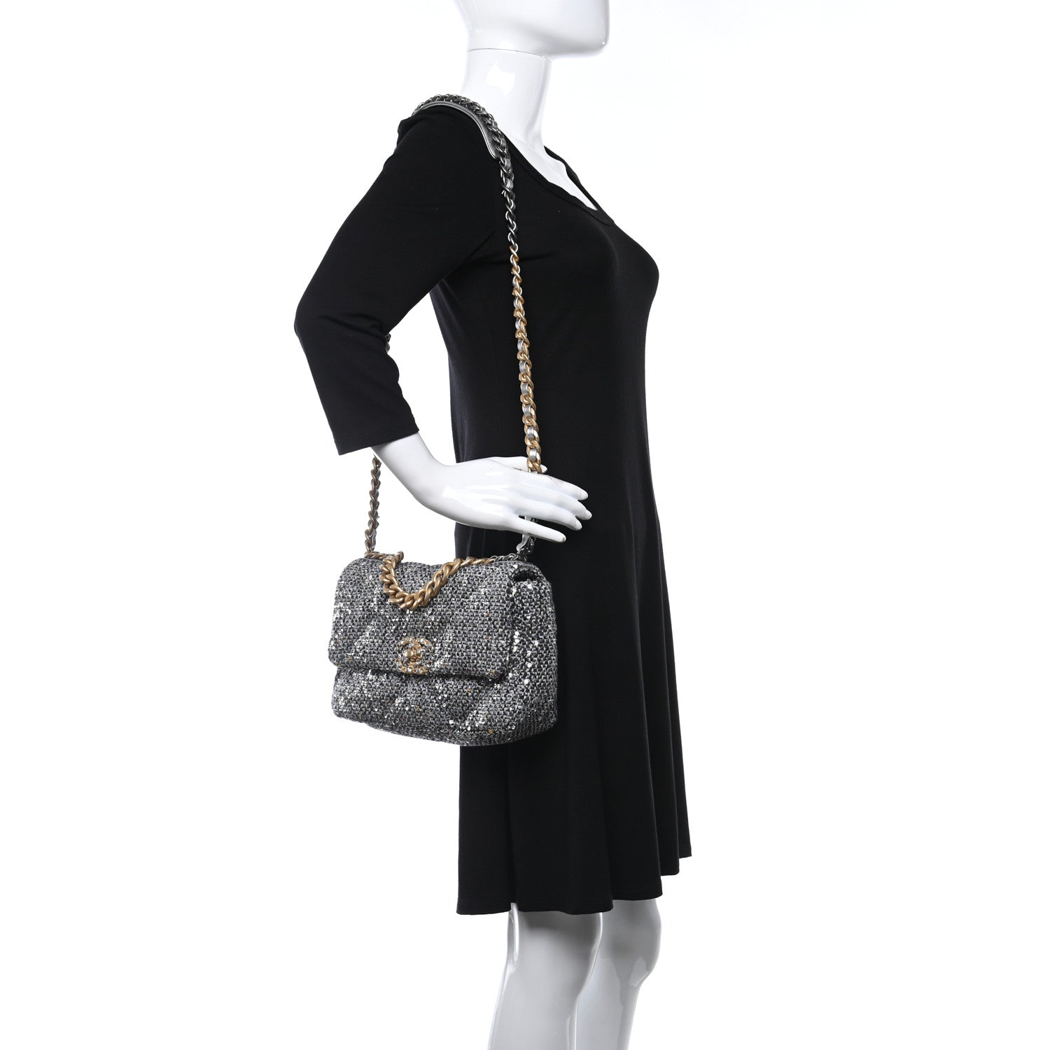 Chanel Sequin Quilted Medium Chanel 19 Flap Silver 2 of 9
