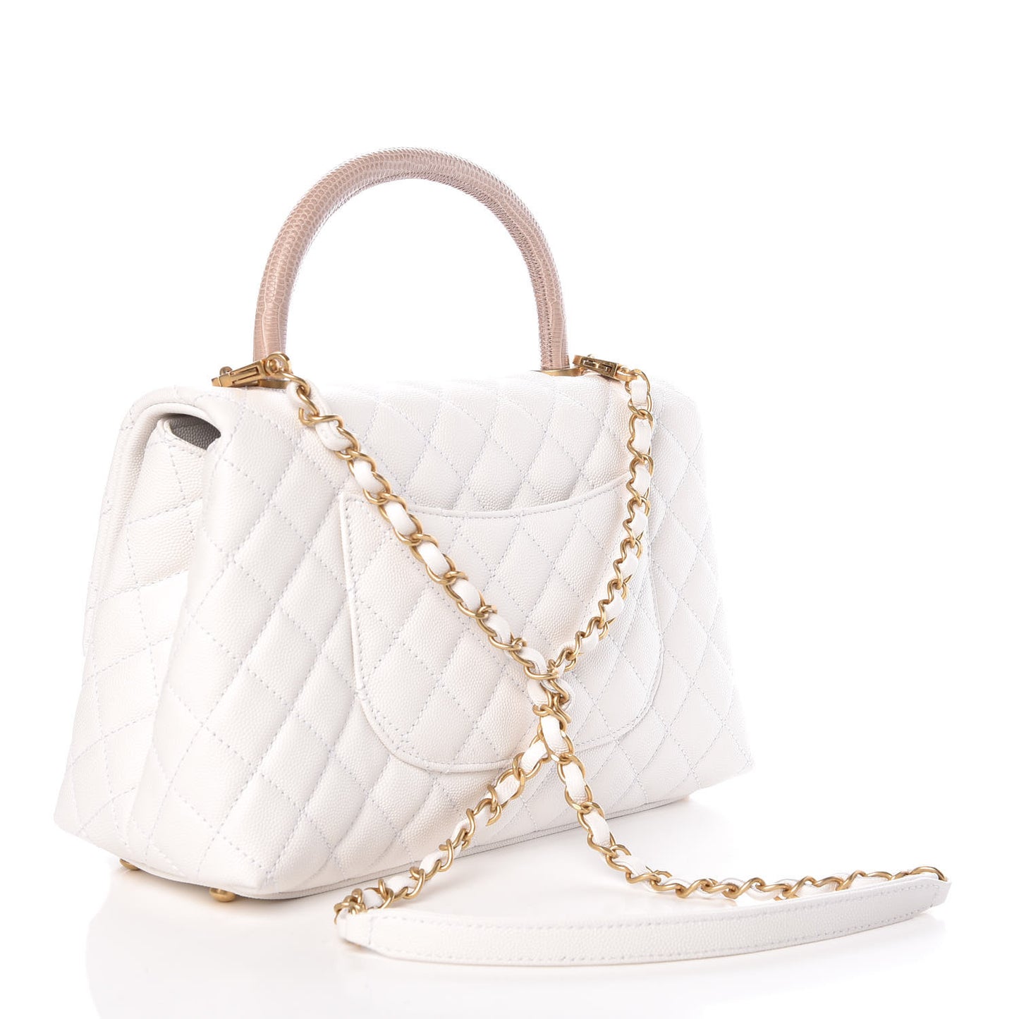 Caviar Lizard Quilted Small Coco Handle Flap White Beige