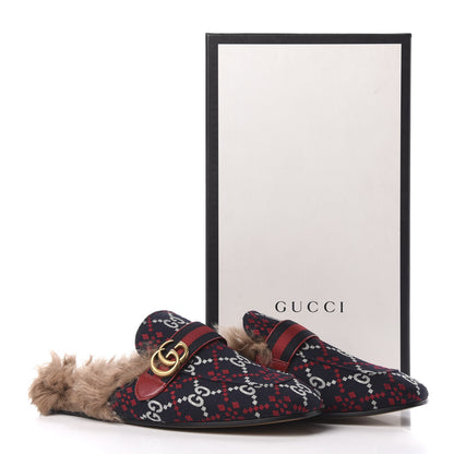 Gucci Canvas GG Monogram Diamond Fur Web GG Mens Princetown Slippers 9 Midnight Blue Hibiscus Red 8 of 8