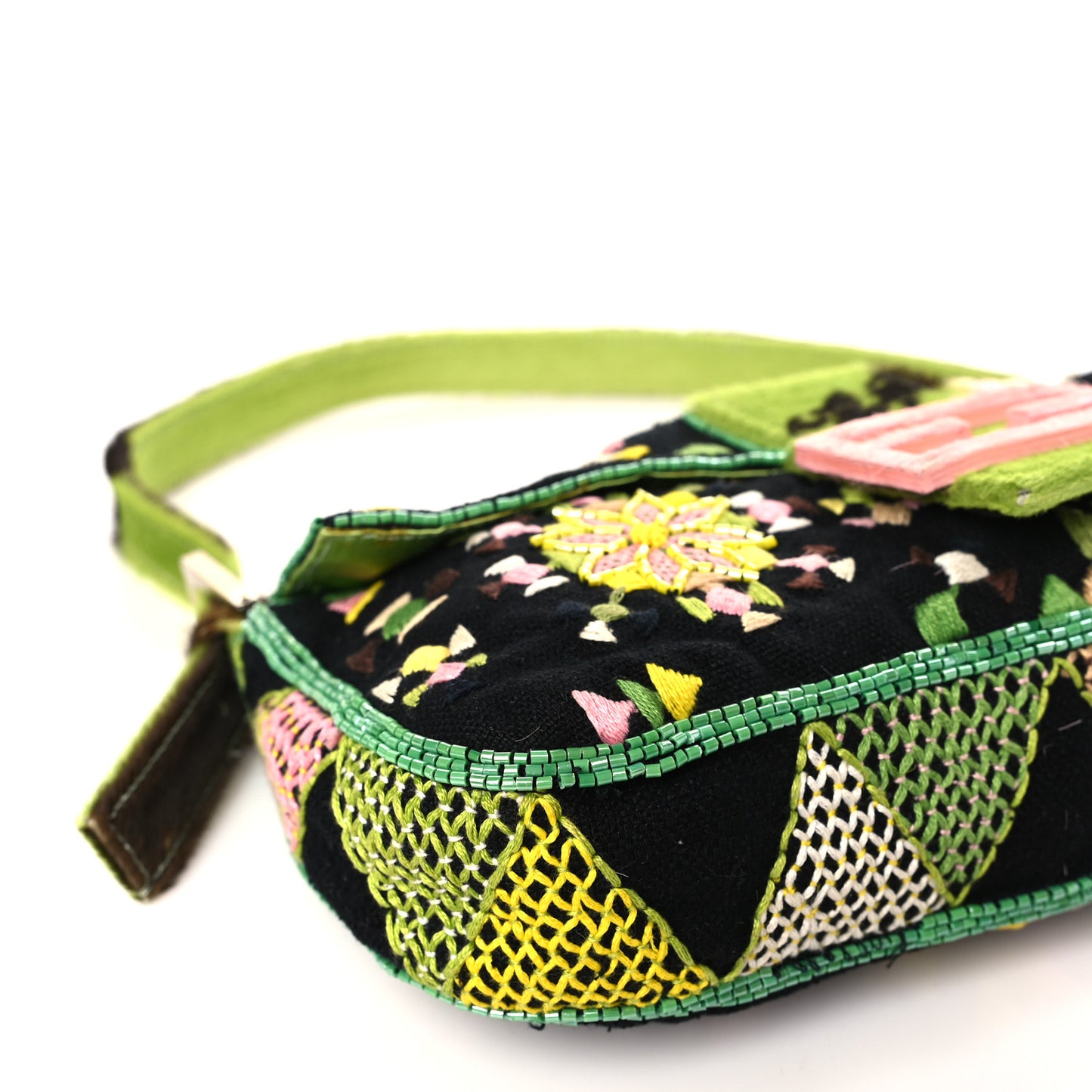 Satin Calf Hair Beaded Baguette Green Multicolor