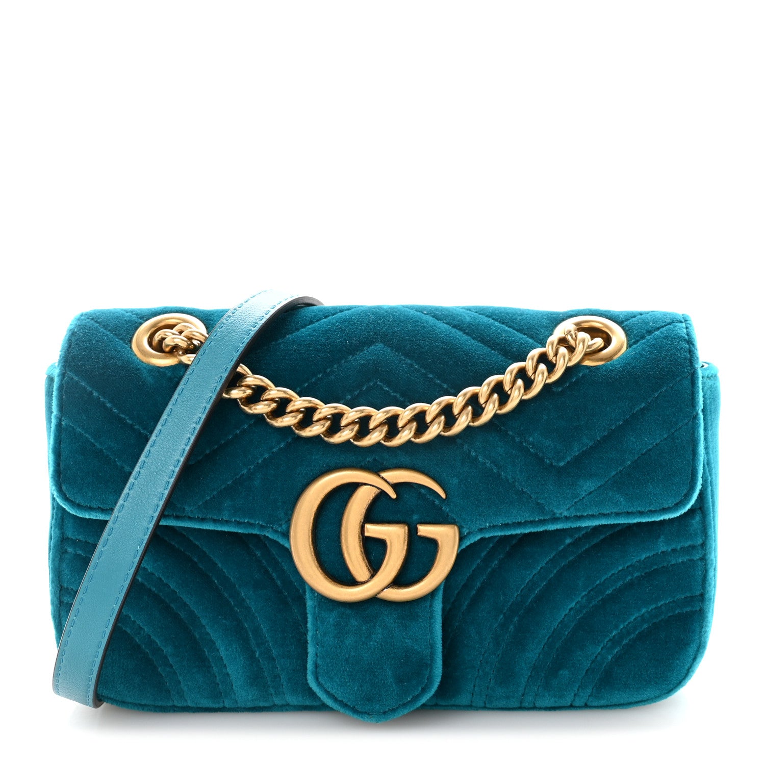 Gucci Velvet Matelasse Mini GG Marmont Shoulder Bag Pavone Cyan 1 of 10
