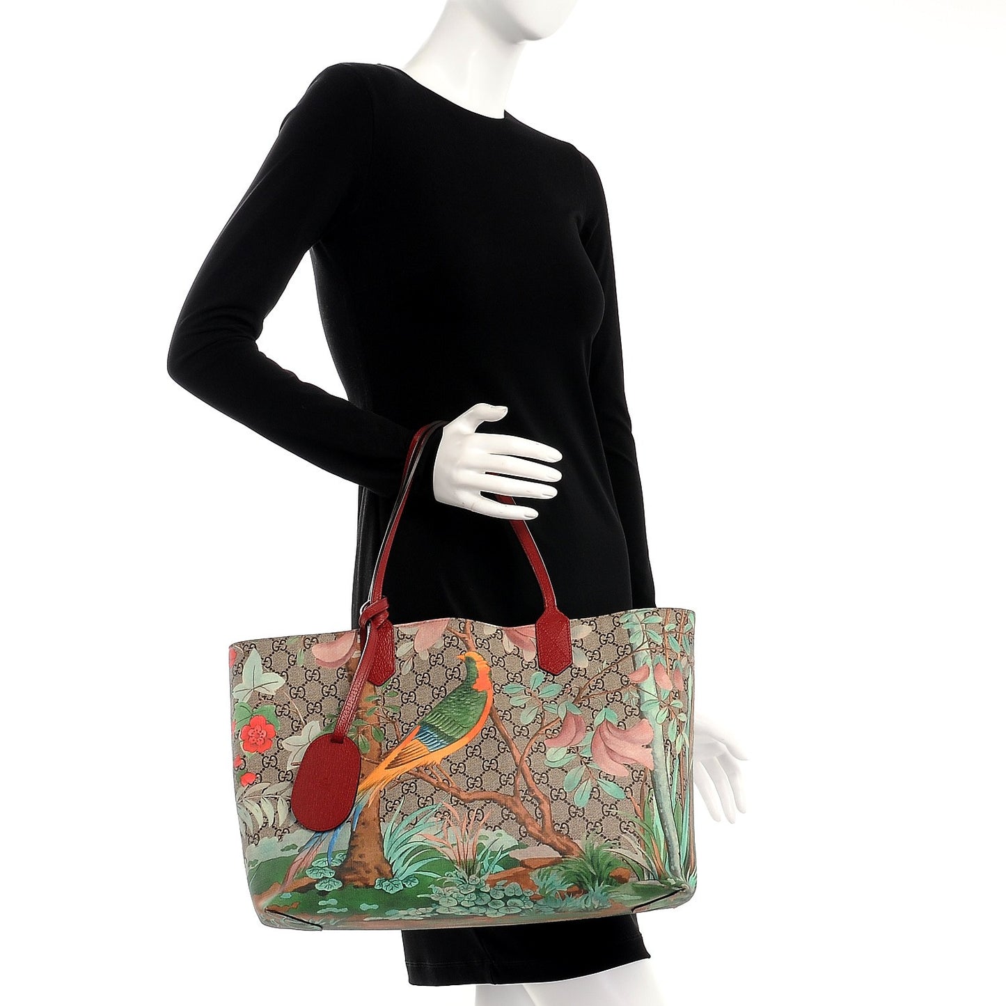 GG Supreme Monogram Tian Medium Shopping Tote Beige Multicolor Red