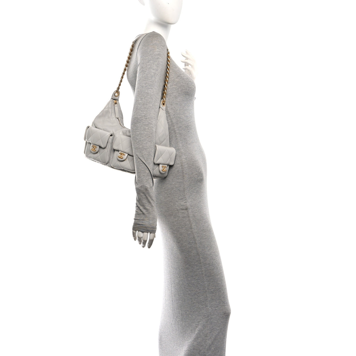 Shiny Lambskin Quilted Large Trendy Pockets Hobo Light Grey