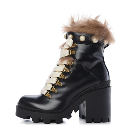Gucci Magnum Calfskin Fur Pearl Lace Up Combat Ankle Boots 36 Black Naturale 1 of 6
