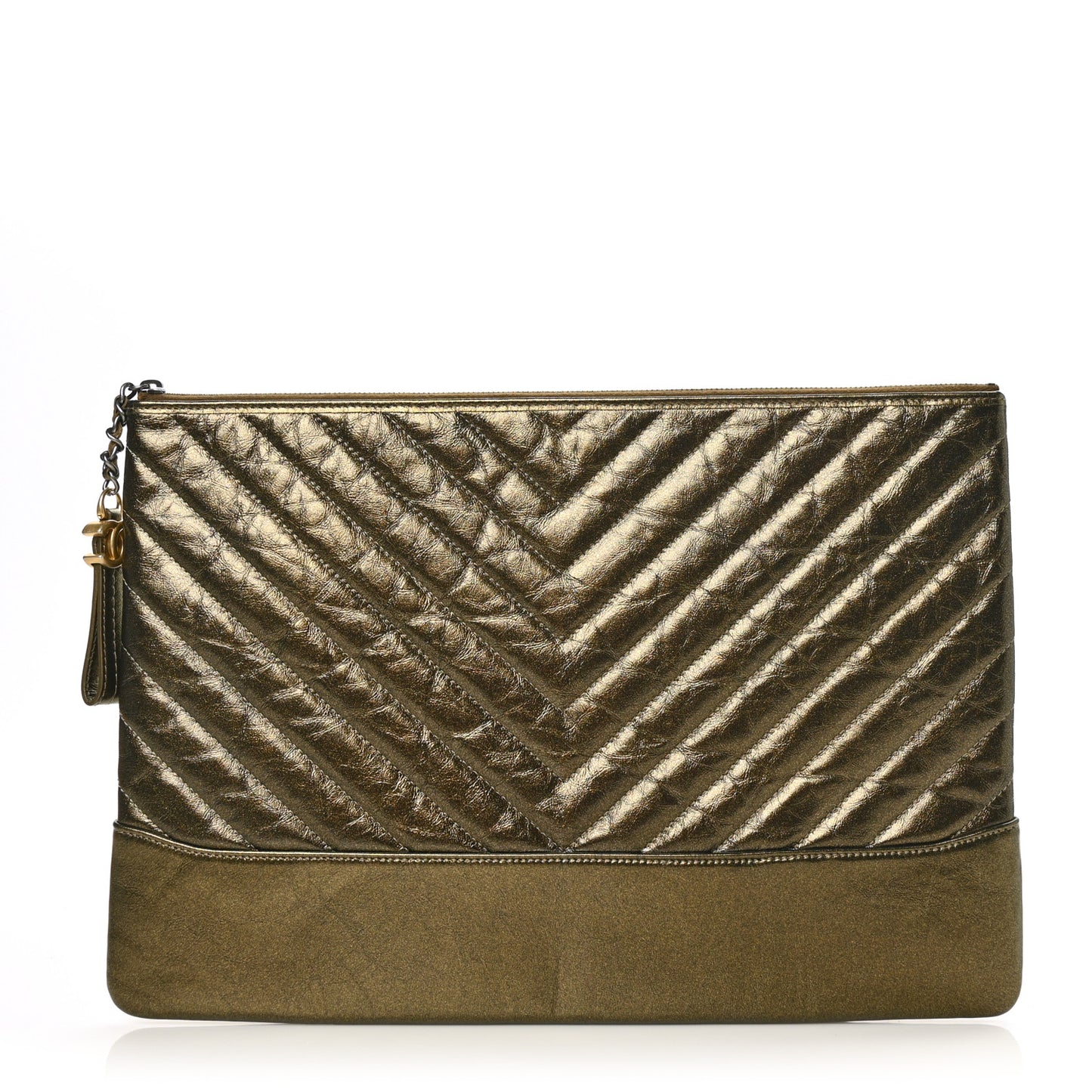 Metallic Aged Calfskin Chevron Quilted Large Gabrielle Cosmetic Case Gold