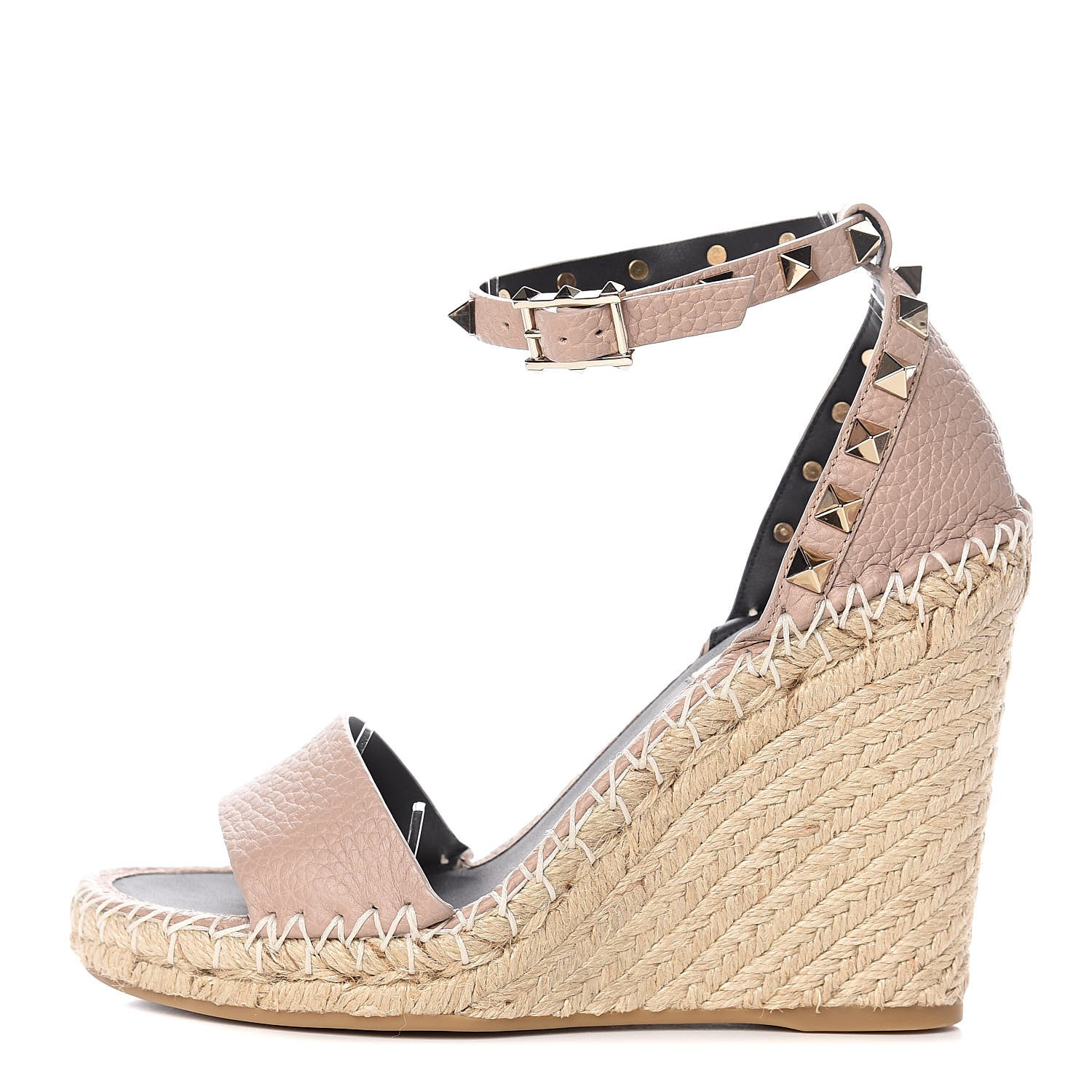 Valentino Garavani Grained Calfskin Rockstud Ankle Strap Espadrille 15/105mm Wedge Sandals 35 Poudre Natural 1 of 9