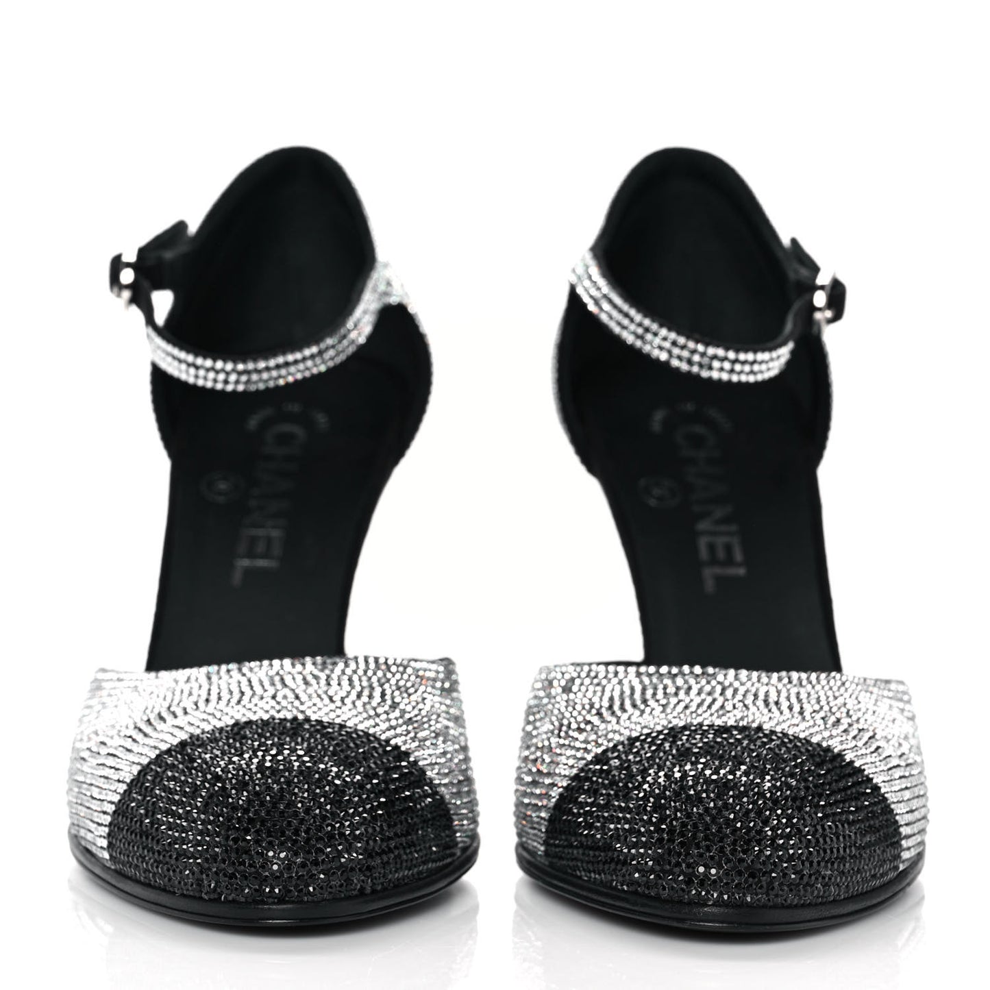 Crystal Cap Toe CC Wedge Ankle Strap Pumps 38 Silver Black