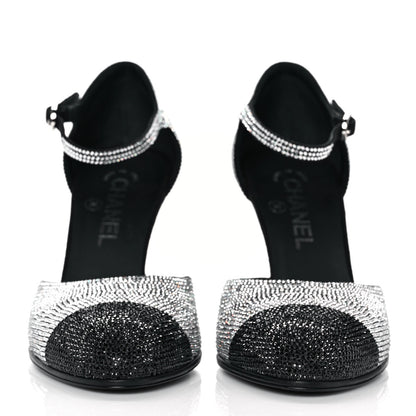 Chanel Crystal Cap Toe CC Wedge Ankle Strap Pumps 38 Silver Black 2 of 8