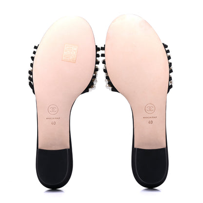 Chanel Satin Pearl Flat Sandals 40 Black 6 of 11