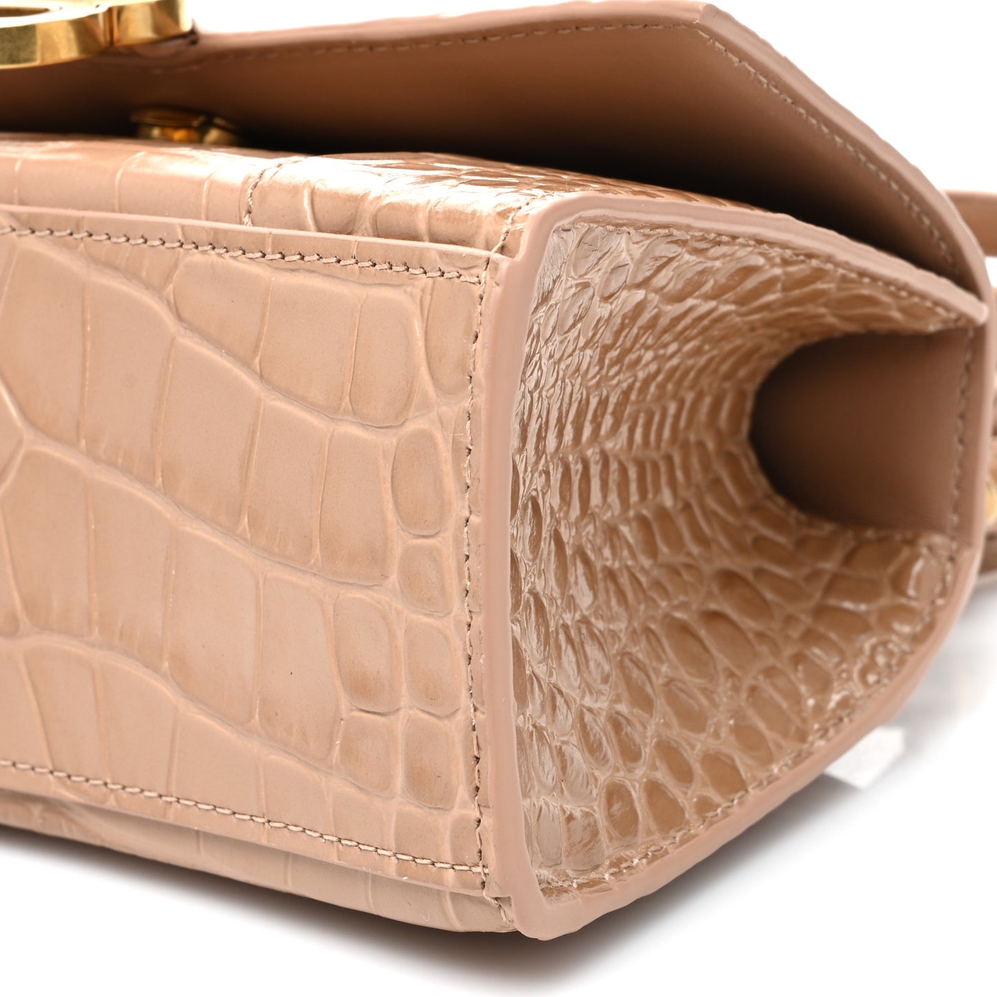 Shiny Calfskin Crocodile Embossed Hourglass Top Handle Bag XS Nude Beige