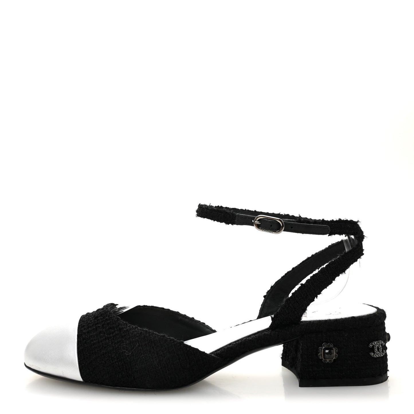 Tweed Iridescent Calfskin Cap Toe CC Slingback Pumps 38.5 Black Silver