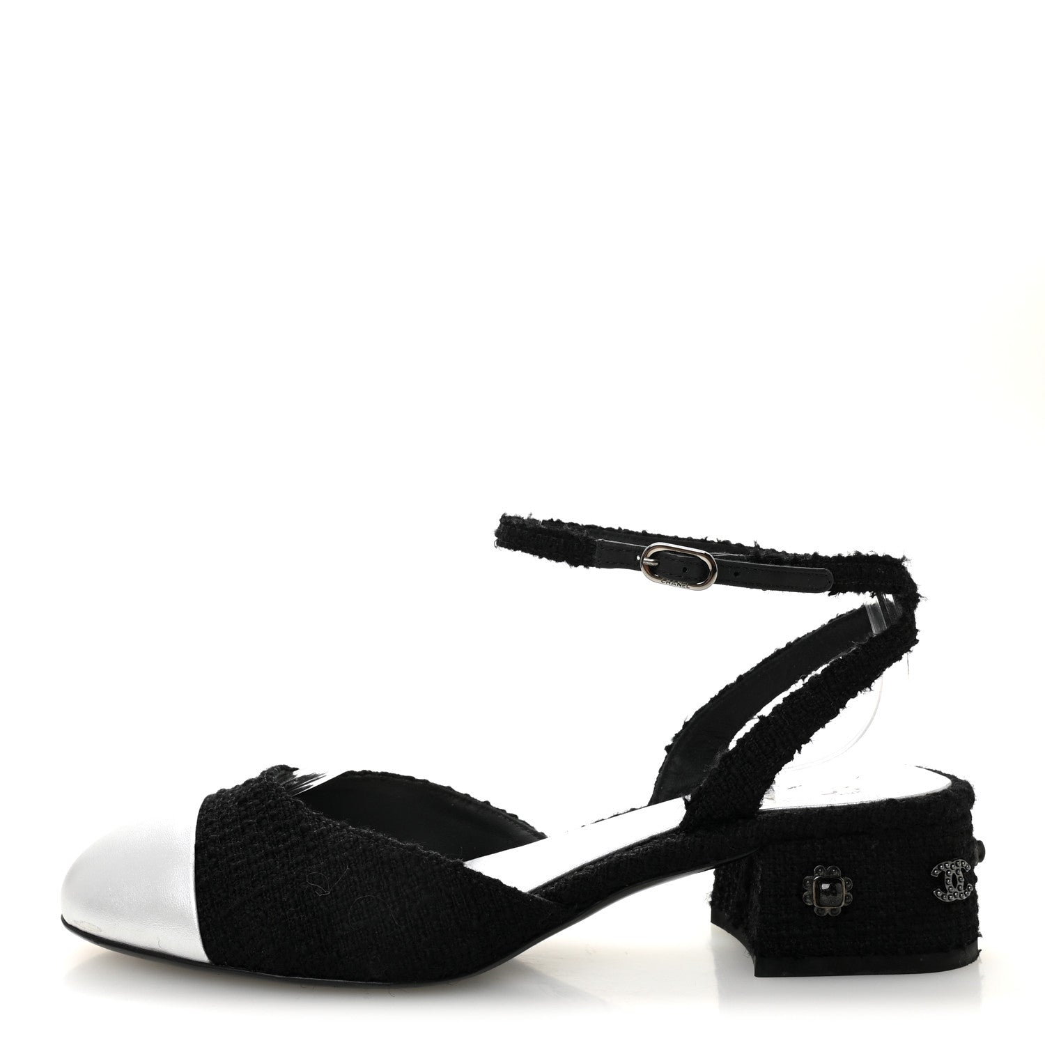 Chanel Tweed Iridescent Calfskin Cap Toe CC Slingback Pumps 38.5 Black Silver 1 of 8