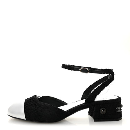 Chanel Tweed Iridescent Calfskin Cap Toe CC Slingback Pumps 38.5 Black Silver 1 of 8