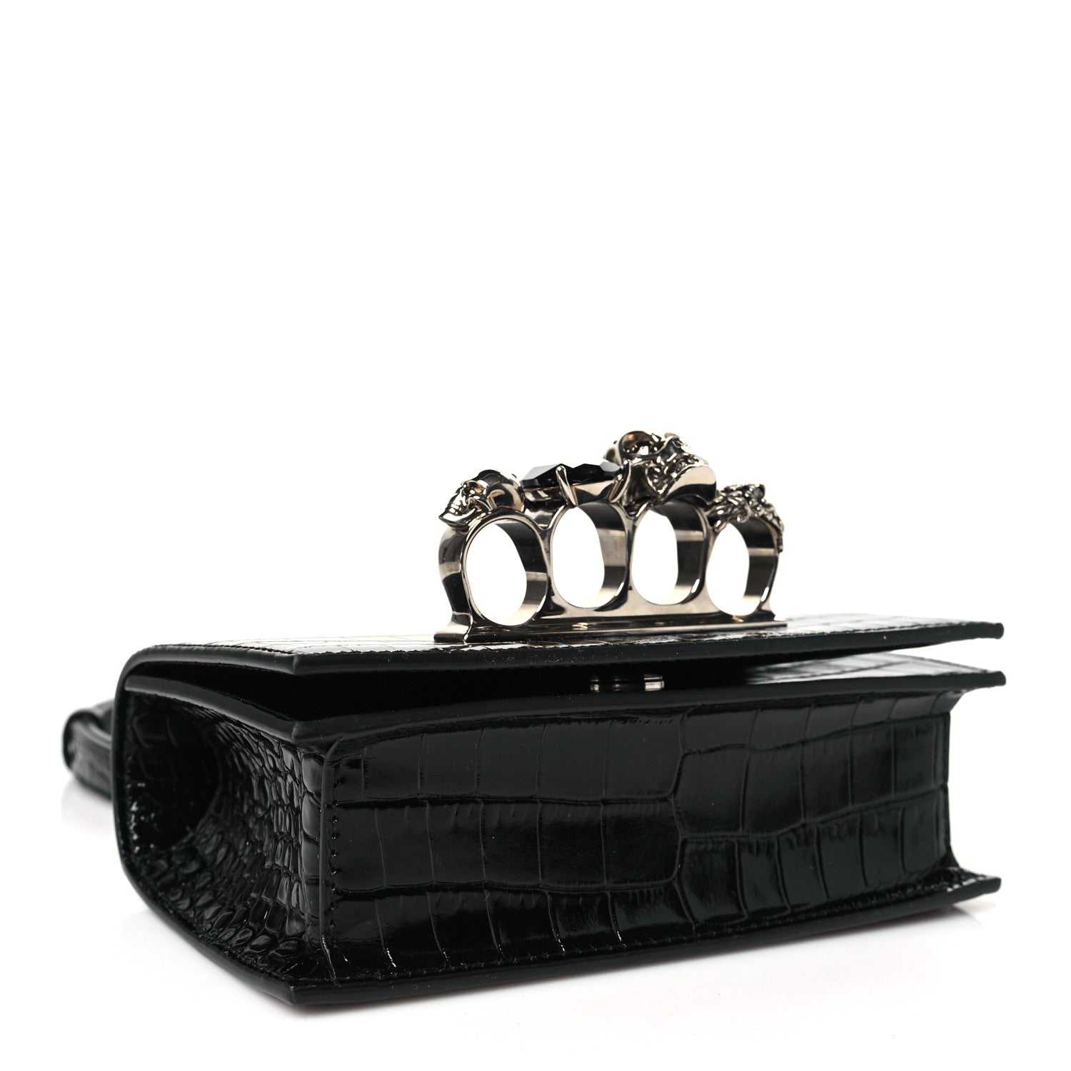 Alexander McQueen Calfskin Shiny Crocodile Embossed Jeweled Satchel Black 4 of 9