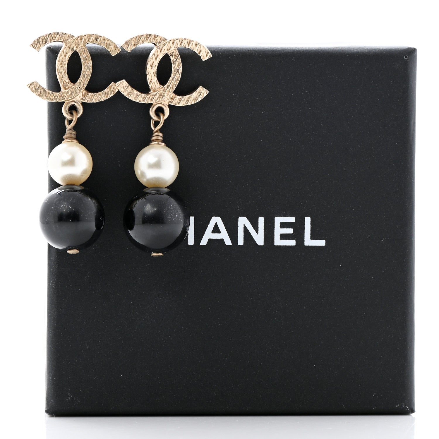 Chanel Pearl Bead CC Drop Earrings Black Gold 5 of 5