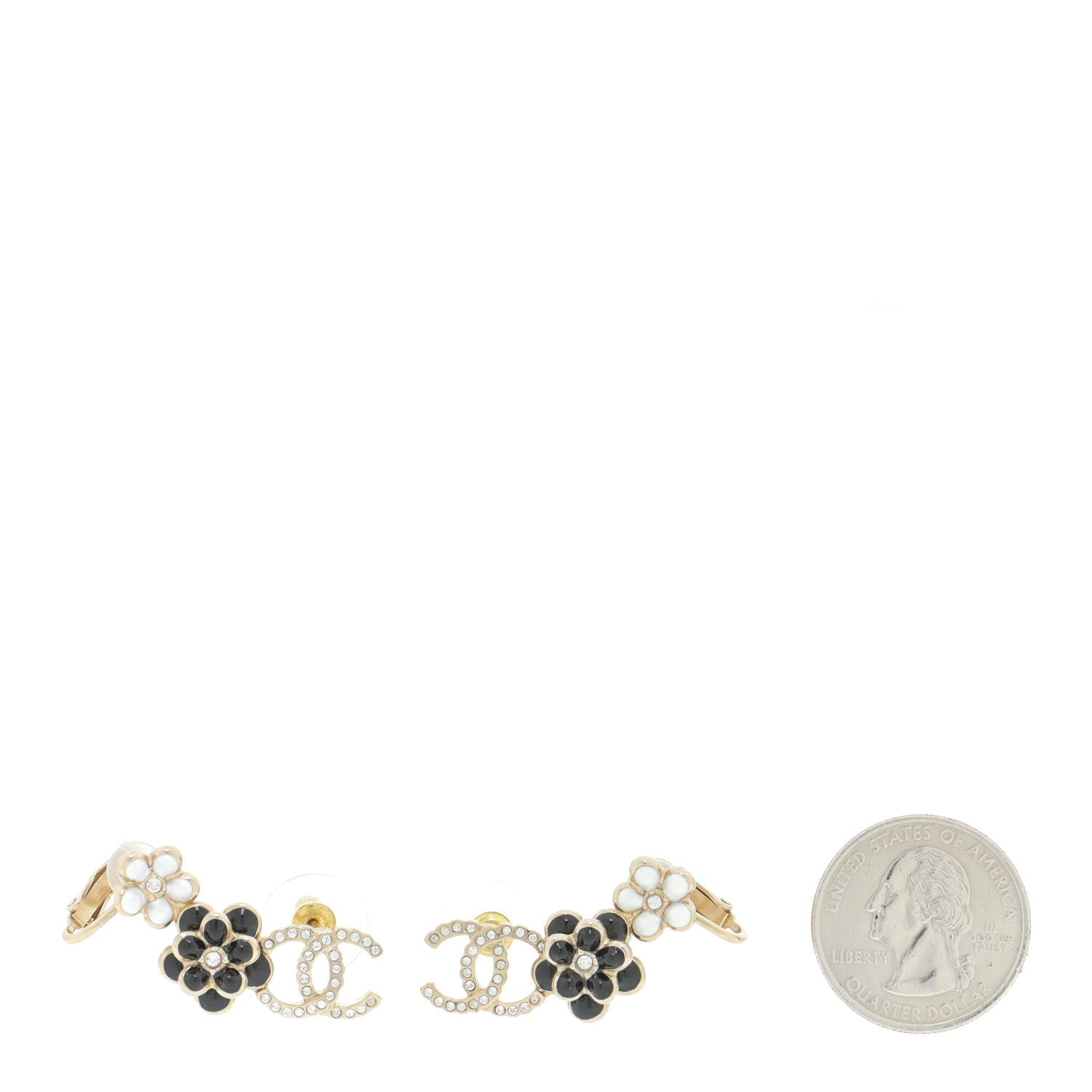 Chanel Crystal Enamel Flower CC Earrings Gold White Black 2 of 6