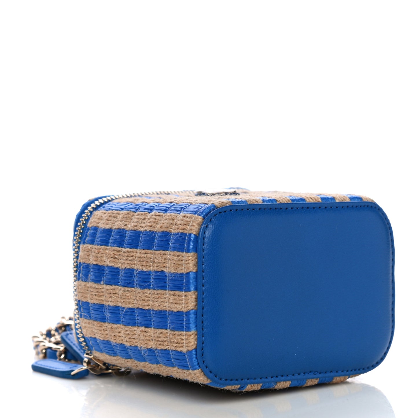 Raffia Jute Striped Mini Vanity Case With Chain Blue Beige