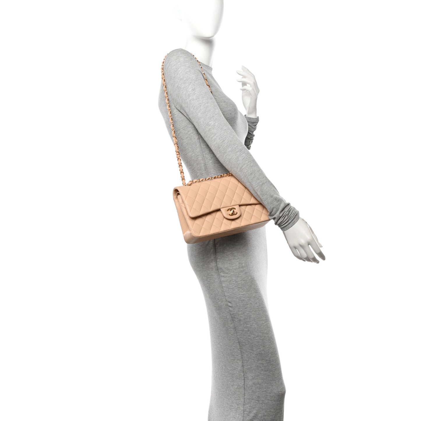 Lambskin Quilted Medium Double Flap Beige