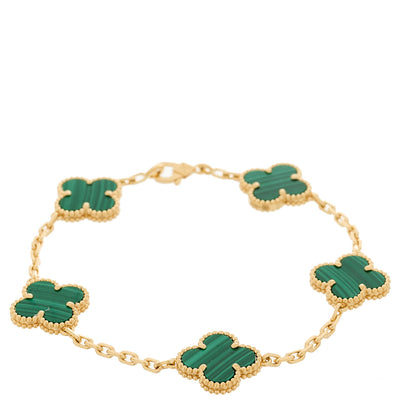 Van Cleef & Arpels 18K Yellow Gold Malachite 5 Motifs Vintage Alhambra Bracelet 1 of 4