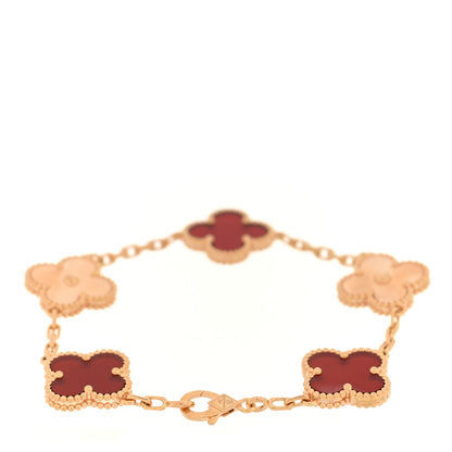 Van Cleef & Arpels 18K Rose Gold Carnelian 5 Motifs Guilloche Vintage Alhambra Bracelet 2 of 4