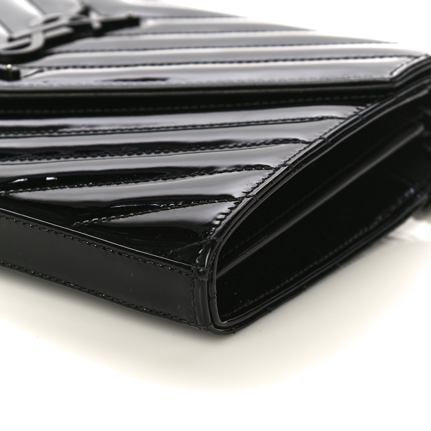 Patent Matelasse Chevron Monogram Chain Wallet Black