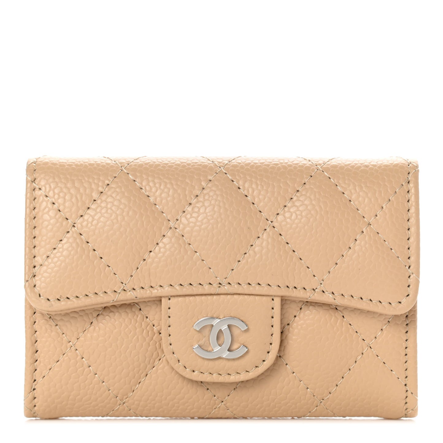 Caviar Quilted Flap Card Holder Wallet Beige
