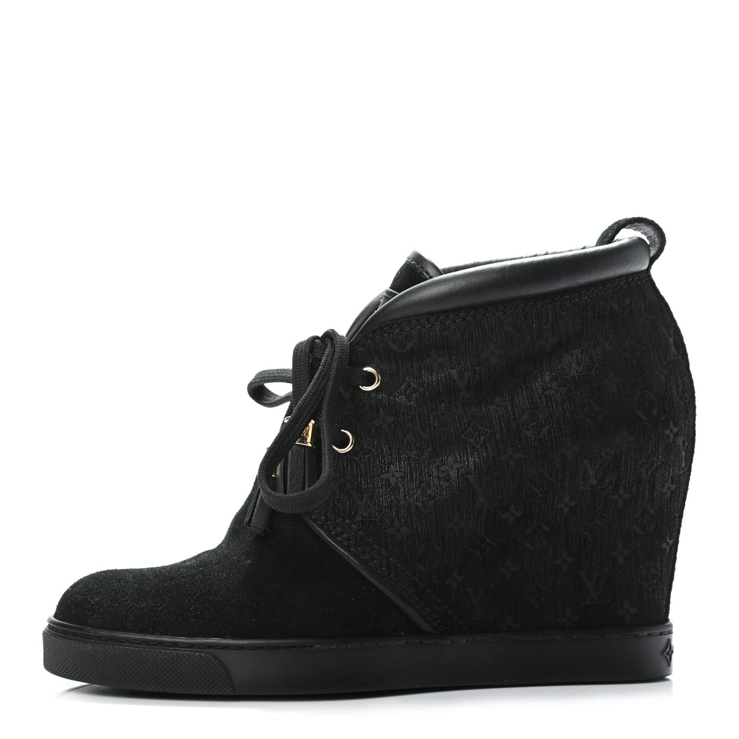 Monogram Suede Wedge Ankle Boots 37 Black