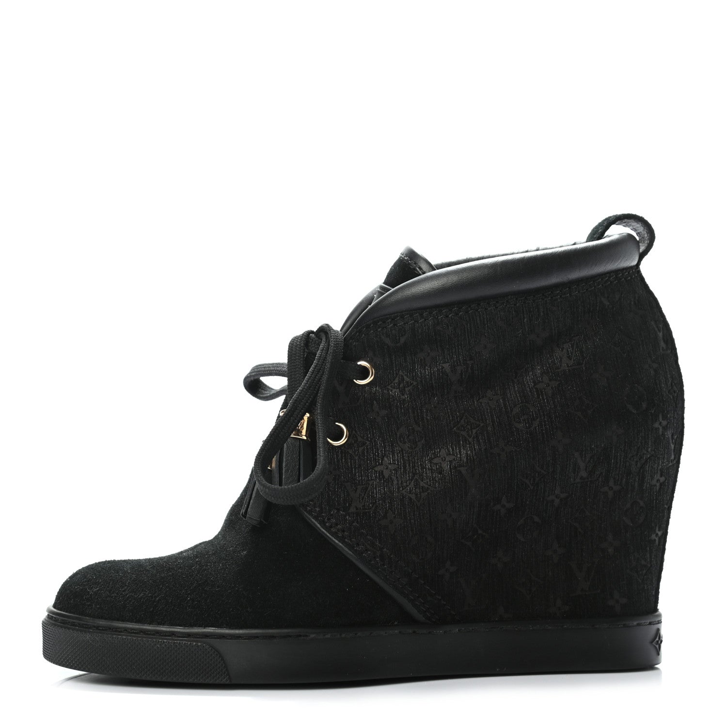 Louis Vuitton Monogram Suede Wedge Ankle Boots 37 Black 1 of 6
